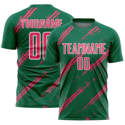 Custom Kelly Green Neon Pink-White Abstract Fragment Art Splash Sublimation Soccer Uniform Jersey